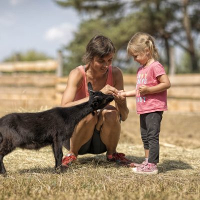 Holčička s maminkou krmící kozu