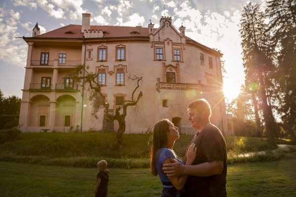 Pohled z parku na levou stranu zámku Vrchotovy Janovice